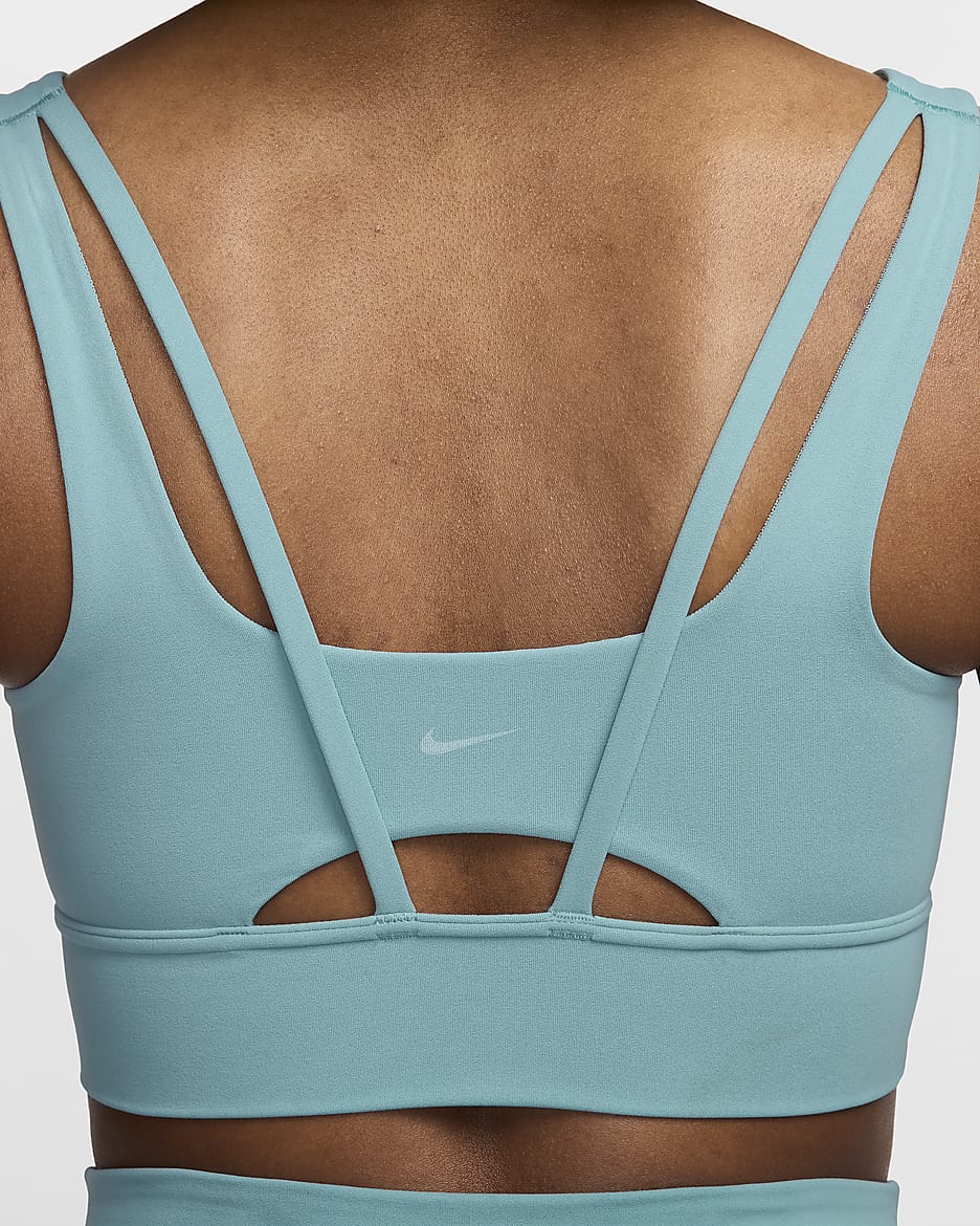 Bra deportivo de media sujeción de corte largo con almohadillas para mujer Nike Zenvy - Denim turquesa/Blanco