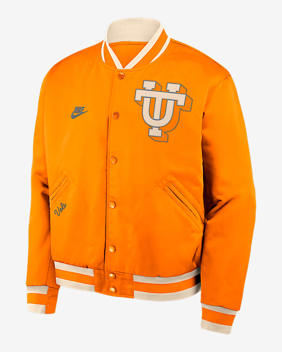 Chamarra bomber universitaria Nike de cierre a presión de largo completo para hombre Tennessee Legacy - Naranja team