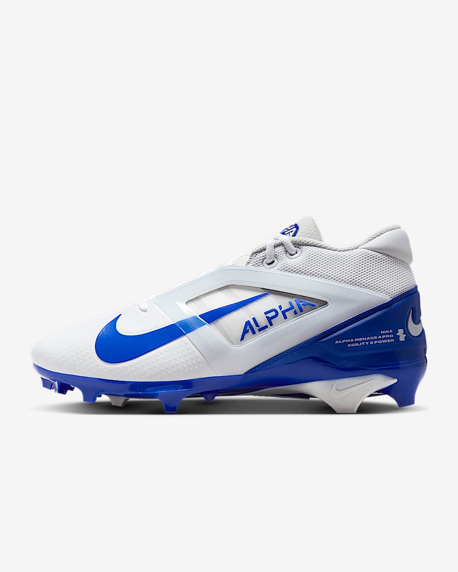 Tacos de fútbol americano Nike Alpha Menace Pro 4 - Blanco/Hiperroyal/Polvo fotón/Hiperroyal