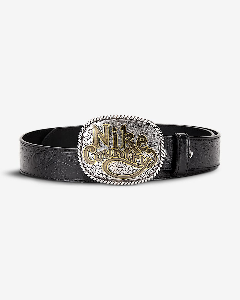 Nike Country Men's Plaque Buckle Embossed Leather Belt - Black