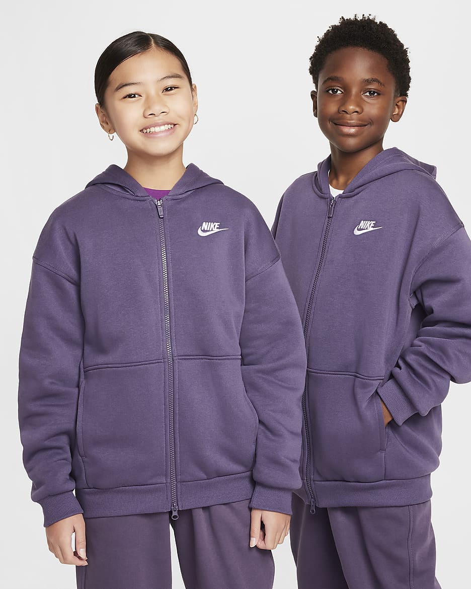 Nike Sportswear Club Fleece Older Kids' Oversized Full-Zip Hoodie - Dark Raisin/White