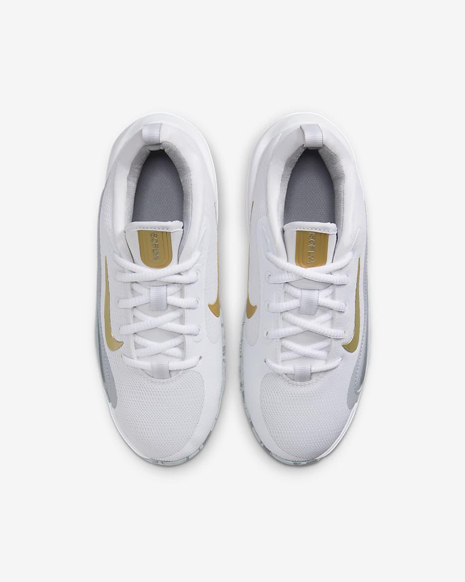 Tenis de básquetbol para niños grandes Nike IsoFly - Blanco/Gris azulado/Gris lobo/Estrella de oro metálico