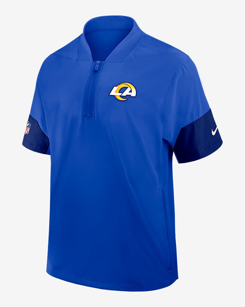 Chamarra de manga corta Nike de la NFL con gorro de medio cierre para hombre Los Angeles Rams Sideline Coach - Azul