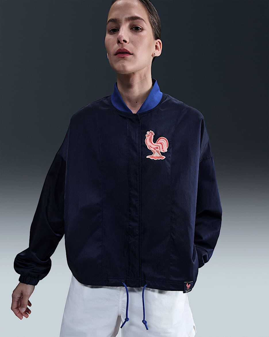 FFF Women's Nike Air Oversized Woven Bomber Jacket - Blue Void/Bright Blue/Bleached Coral