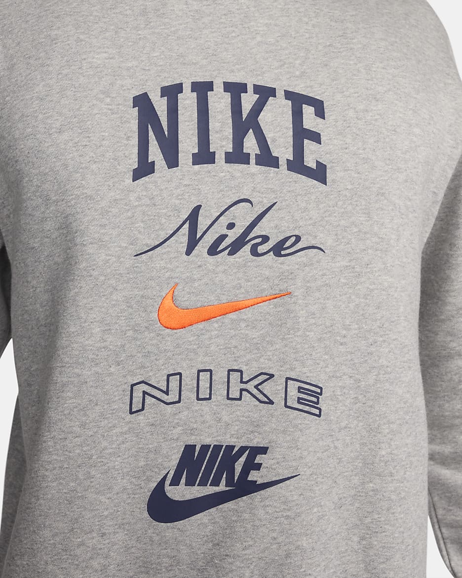 Nike Club Fleece Sudadera de chándal de manga larga y cuello redondo - Hombre - Gris oscuro jaspeado/Safety Orange