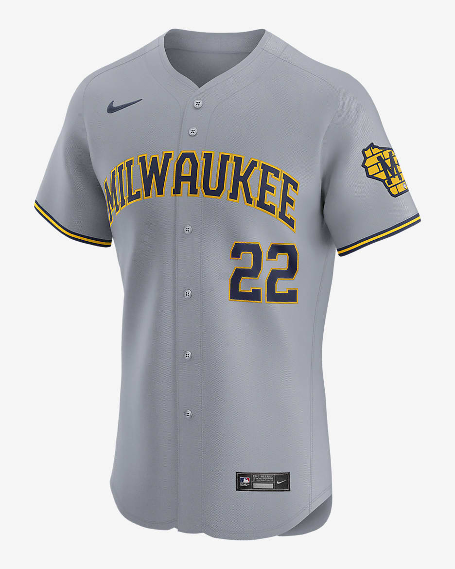 Jersey Nike Dri-FIT ADV de la MLB Elite para hombre Christian Yelich Milwaukee Brewers - Gris