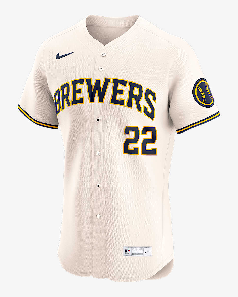 Jersey Nike Dri-FIT ADV de la MLB Elite para hombre Christian Yelich Milwaukee Brewers - Crema