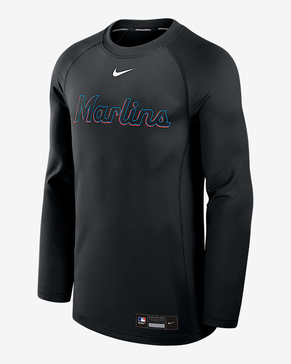 Sudadera de cuello redondo sin cierre Nike Dri-FIT de la MLB para hombre Miami Marlins Authentic Collection Game Time - Negro
