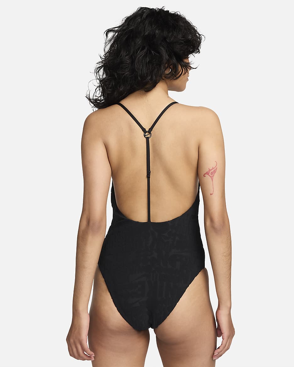 Traje de baño de una pieza con espalda en T para mujer Nike Swim Retro Flow - Negro