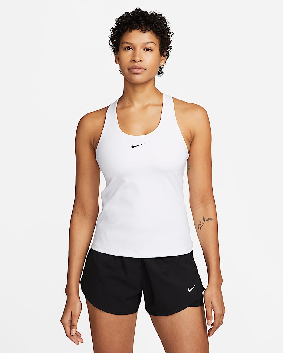 Camiseta de tirantes con bra deportivo con almohadilla de media sujeción para mujer Nike Swoosh - Blanco/Malva piedra/Negro