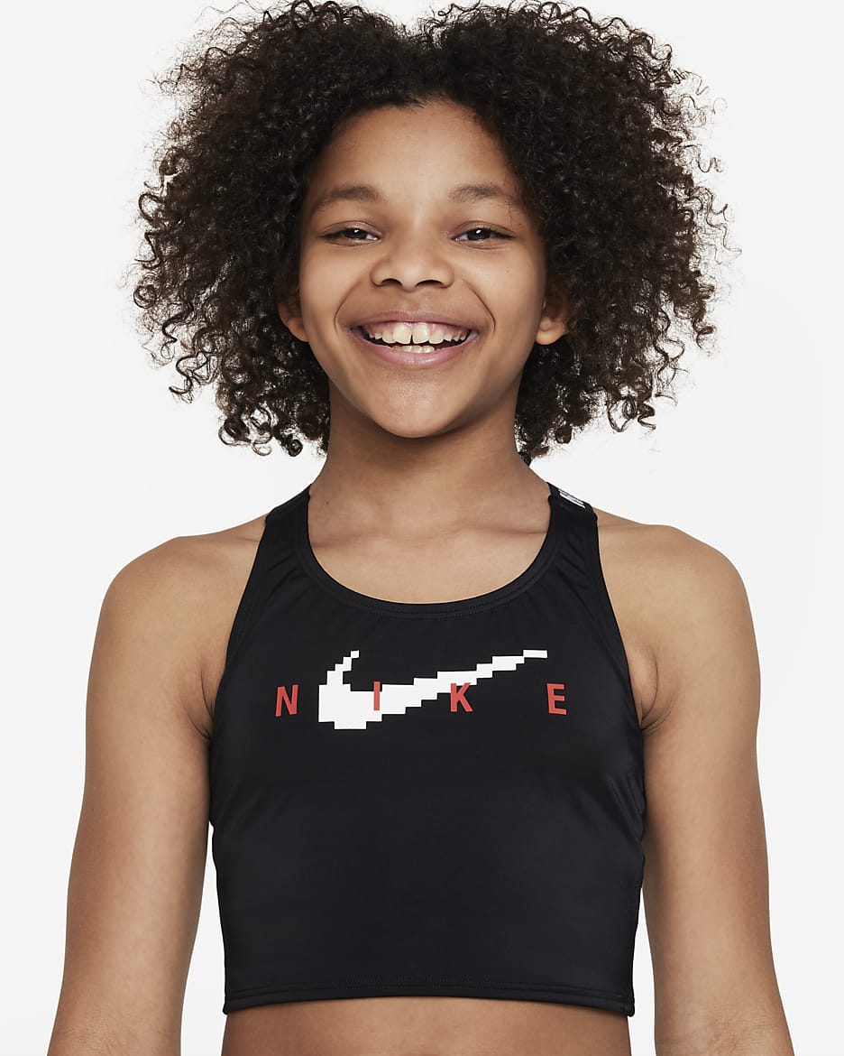 Nike midkinizwemkleding met gekruiste banden voor meisjes - Zwart/Picante Red/Wit