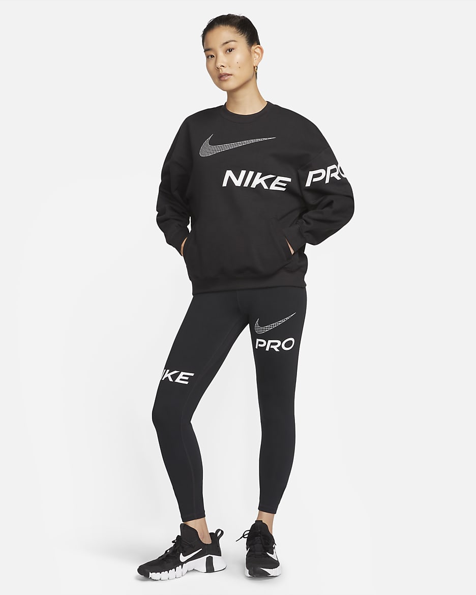 Nike Dri-FIT Get Fit Women's French Terry Graphic Crew-Neck Sweatshirt - Black/Iron Grey/White