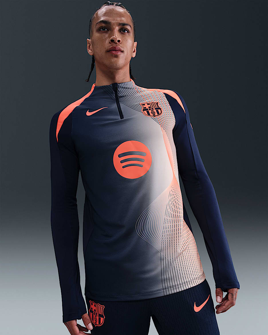 F.C. Barcelona Strike Third Men's Nike Dri-FIT Total 90 Football Pre-Match Drill Top - Midnight Navy/Bright Mango