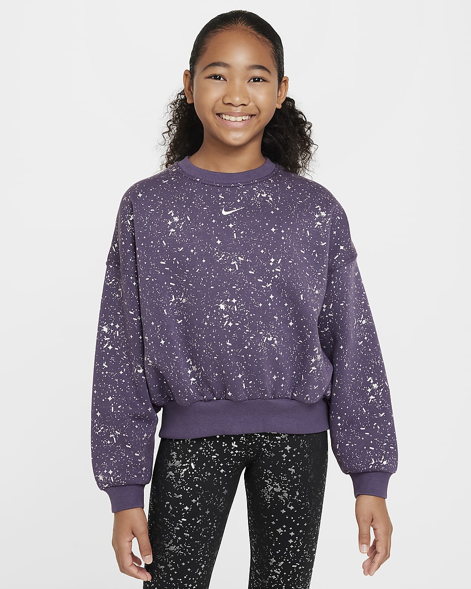 Nike Sportswear Club Fleece sweatshirt med rund hals til store barn (jente) - Dark Raisin/Metallic Silver