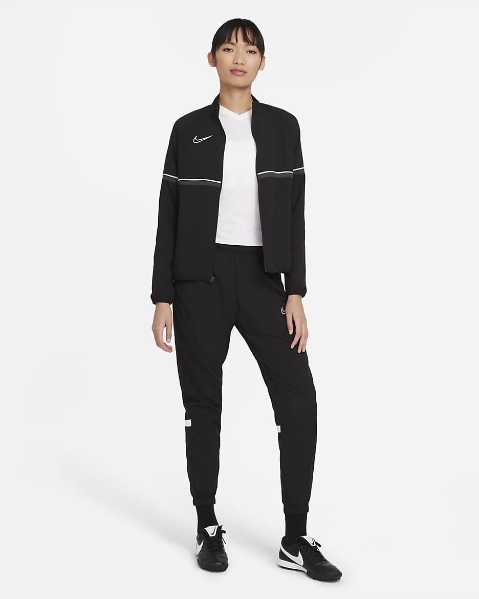 Pantalones de entrenamiento de fútbol de tejido Woven para mujer Nike Dri-FIT Academy - Negro/Blanco/Blanco/Blanco