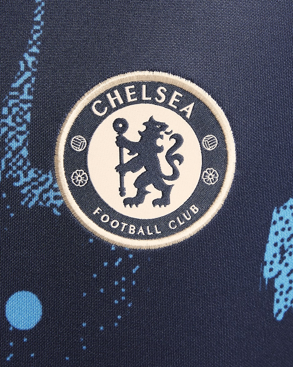 Haut de foot d'avant-match à manches courtes Nike Dri-FIT Chelsea FC Academy Pro pour ado - Obsidian/Guava Ice