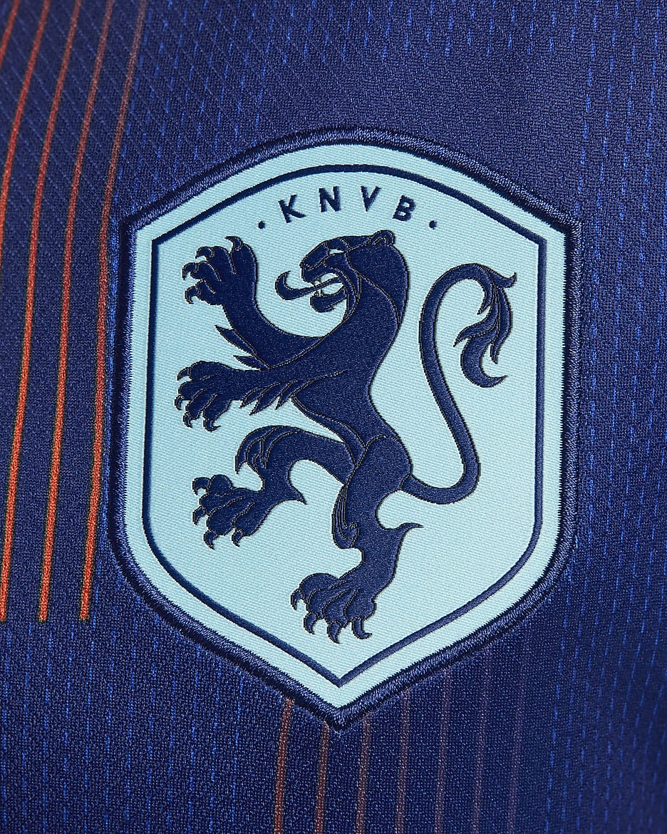 Replika dámského venkovního fotbalového dresu Nike Dri-FIT Nizozemsko (ženský tým) Stadium 2024/25 - Blue Void/Safety Orange/Copa/Bílá