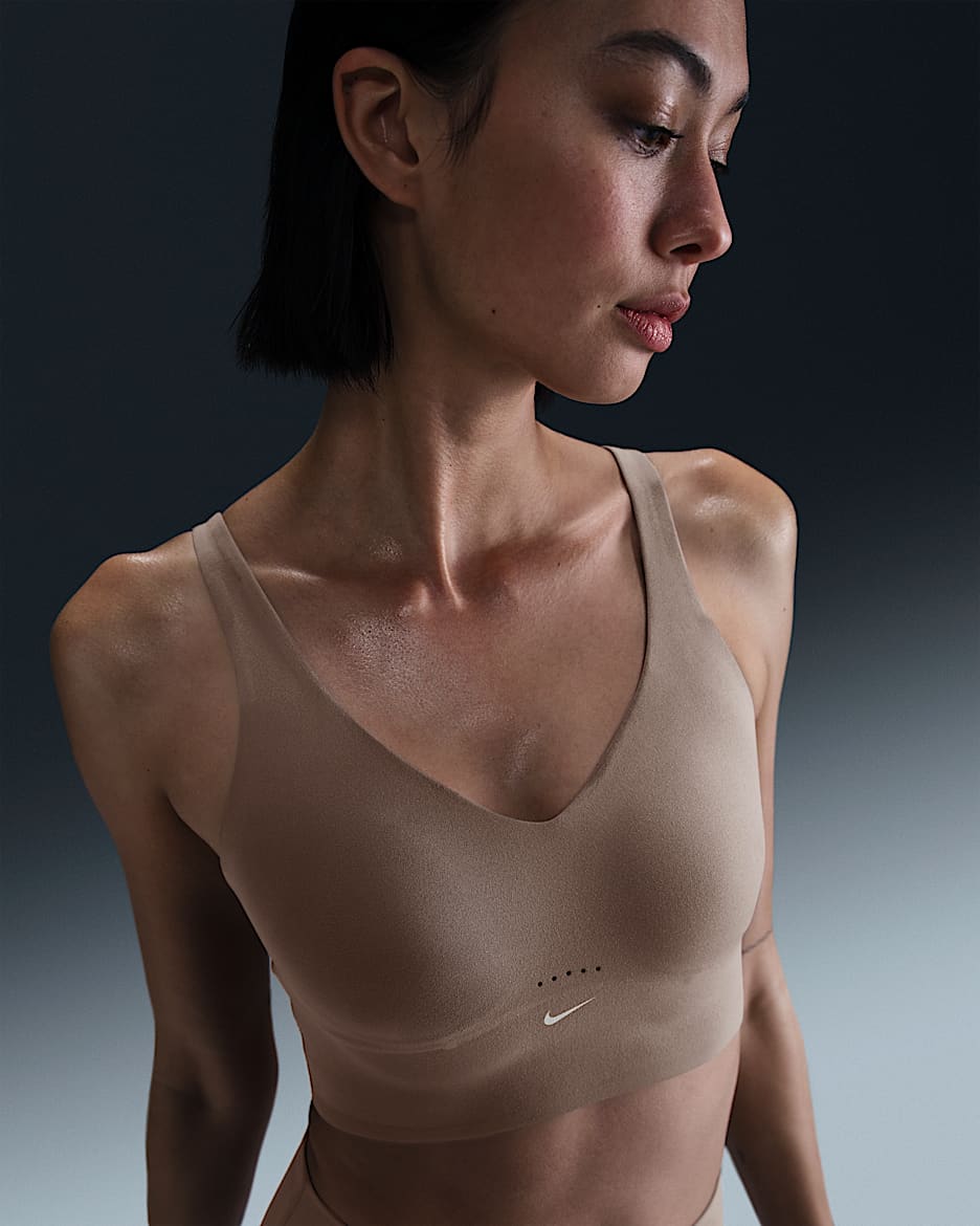 Brassière de sport longue rembourrée Nike Alate à maintien normal pour femme - Mink Brown/Blanc