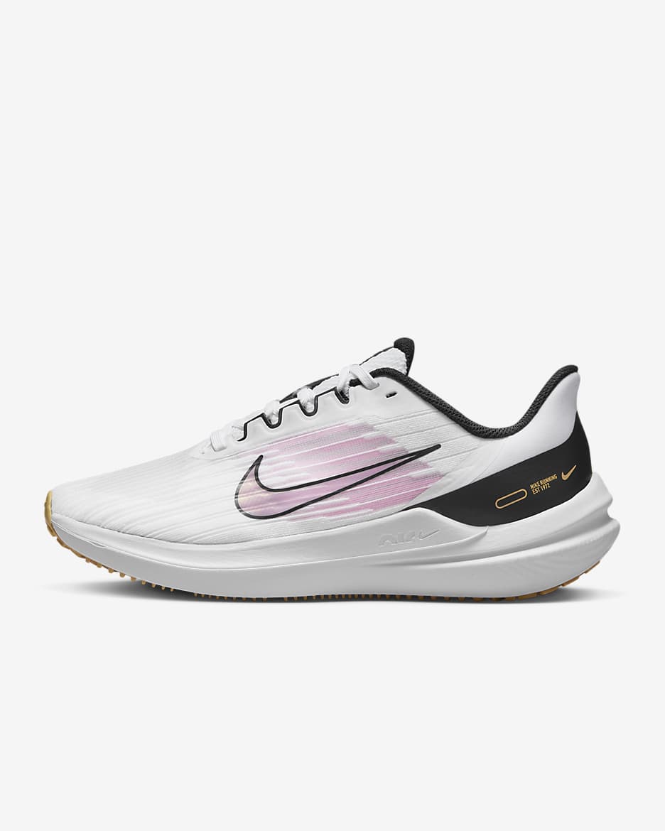 Nike Winflo 9 Women's Road Running Shoes - White/Black/Wheat Gold/Pink Spell