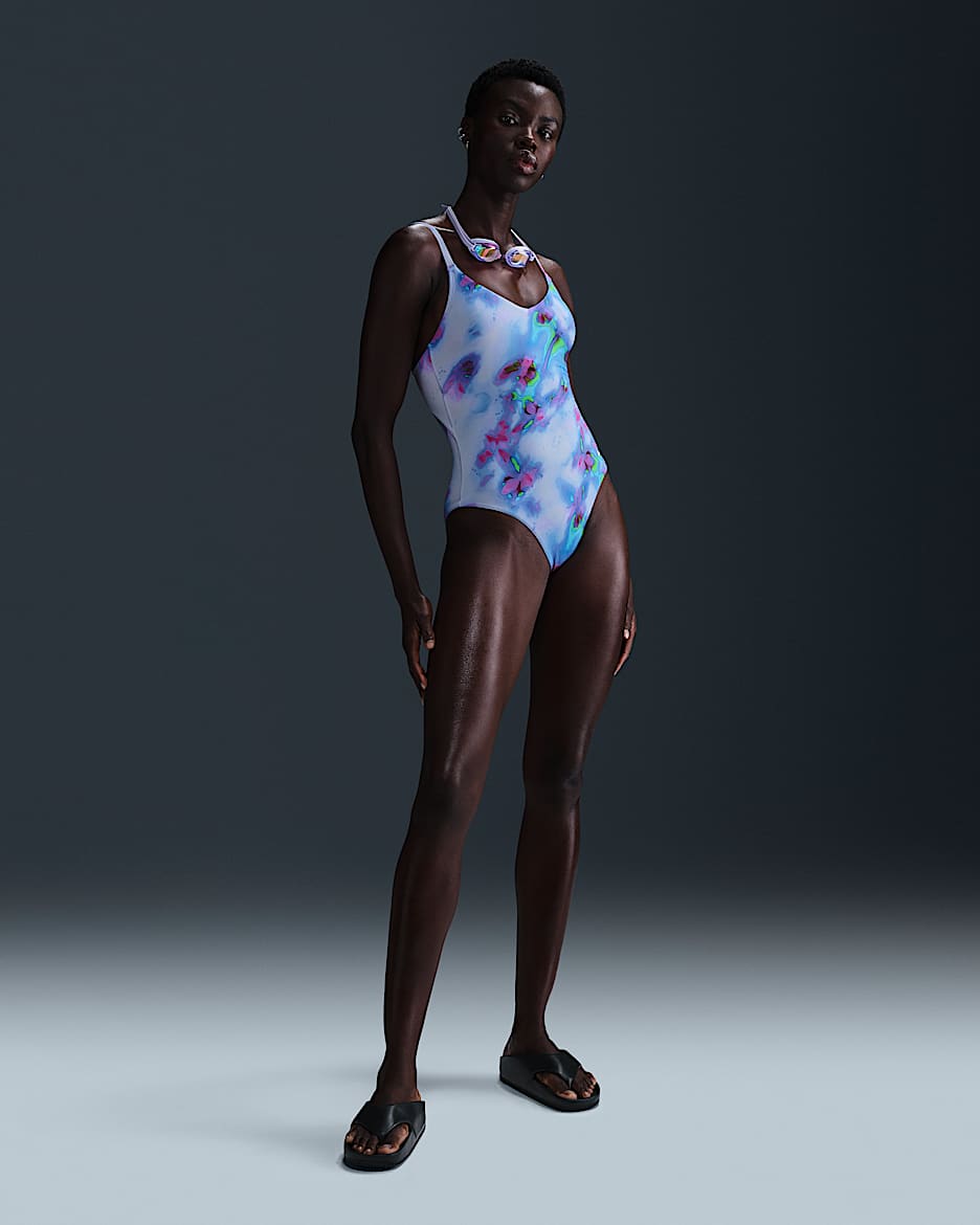Nike Swim-badedragt med V-hals til kvinder - Hydrangeas/Court Purple/hvid