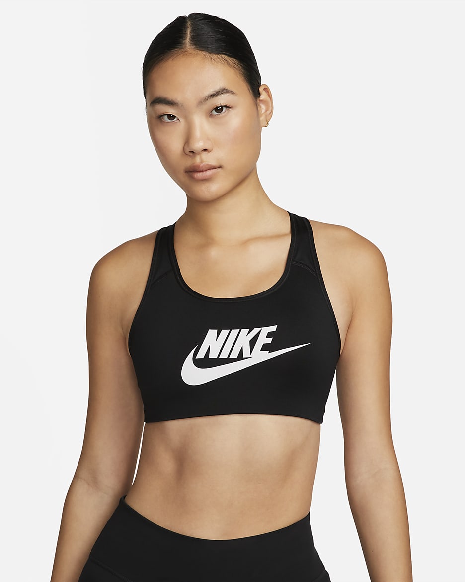 Nike Swoosh 女款中度支撐型運動內衣 - 黑色/白色