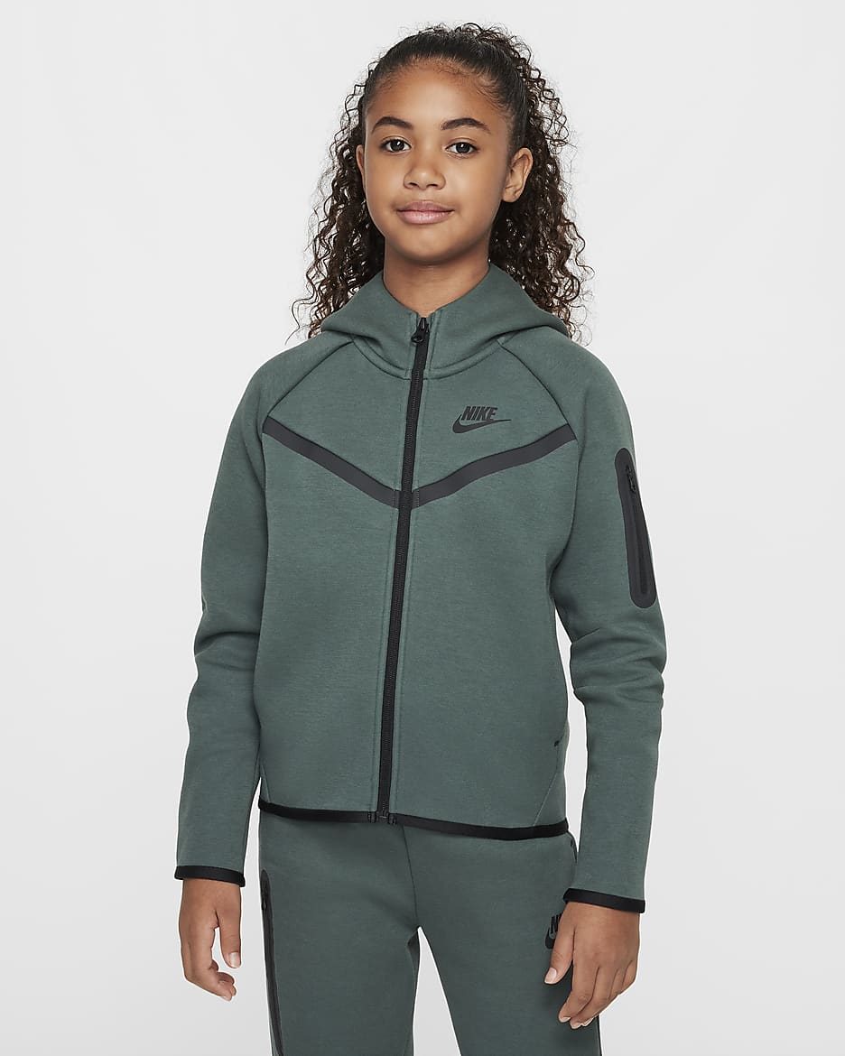 Felpa con cappuccio e zip a tutta lunghezza Nike Sportswear Tech Fleece – Bambina/Ragazza - Vintage Green/Nero/Nero/Nero