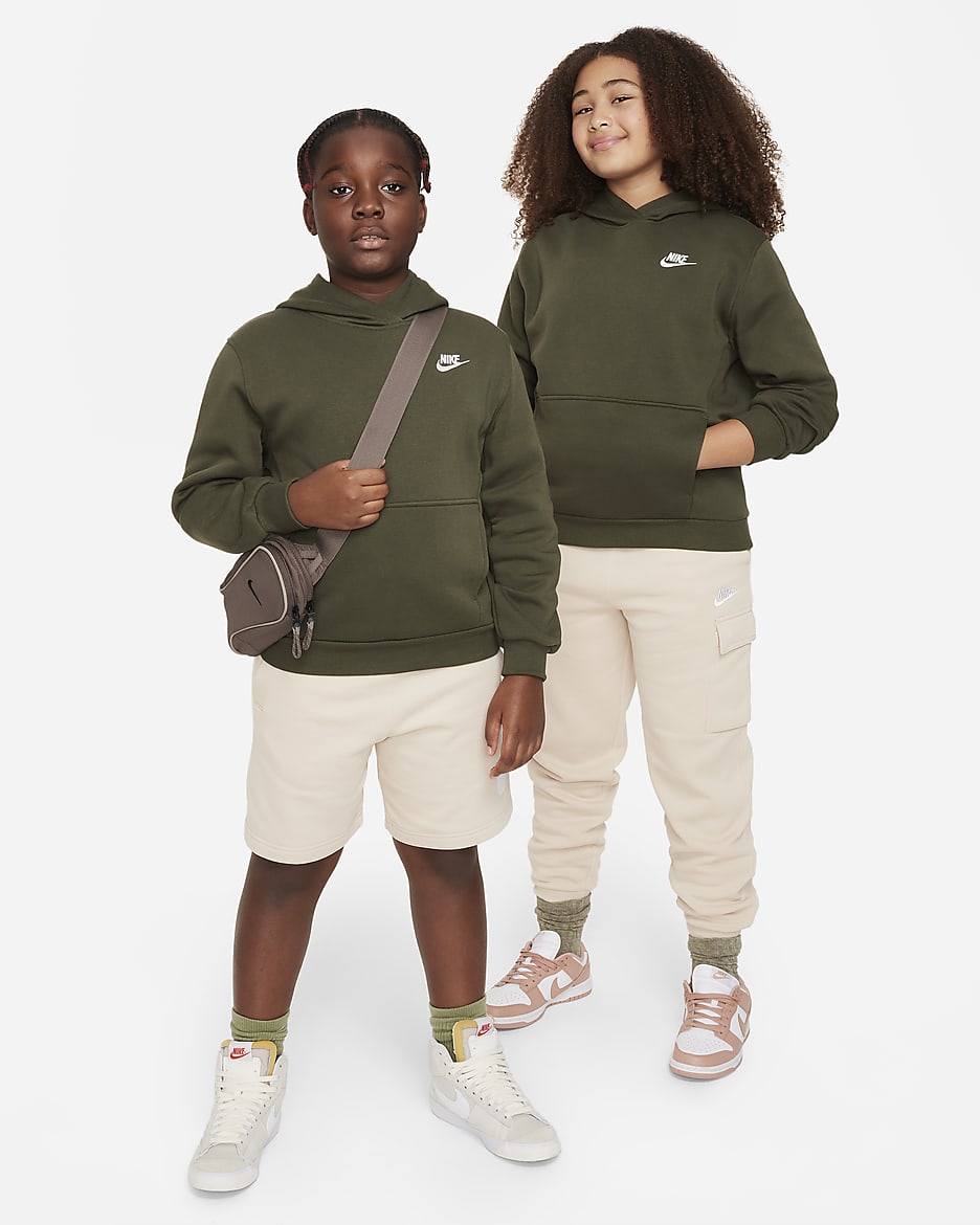 Nike Sportswear Club Fleece Big Kids' Pullover Hoodie (Extended Size) - Cargo Khaki/White