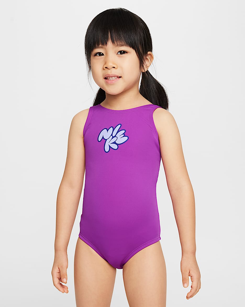 Traje de baño de una pieza con diseño de espalda en U para niña talla pequeña Nike Swim - Morado vivo