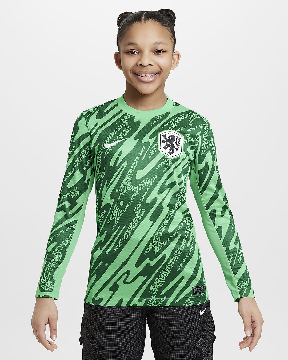 Netherlands (Men's Team) 2024/25 Stadium Goalkeeper Older Kids' Nike Dri-FIT Football Replica Shirt - Green Spark/Pine Green/White