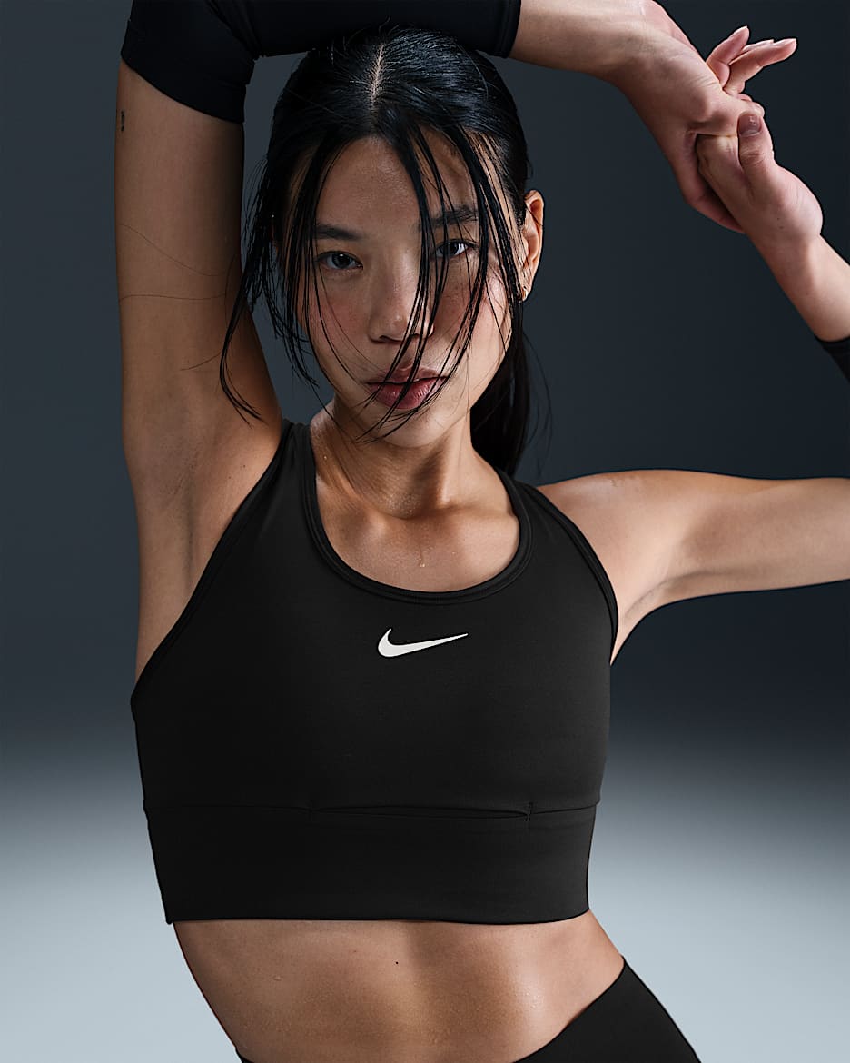 Bra Longline con imbottitura e sostegno medio Nike Swoosh Pocket – Donna - Nero/Nero/Bianco