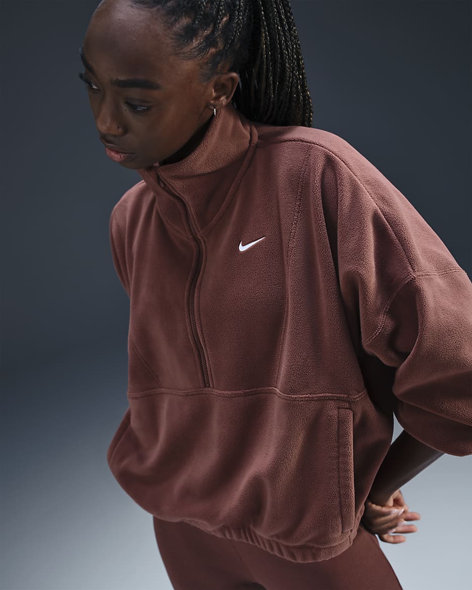 Sudadera de tejido Fleece Therma-FIT oversized de 1/2 cierre para mujer Nike One - Rojo sepia/Blanco