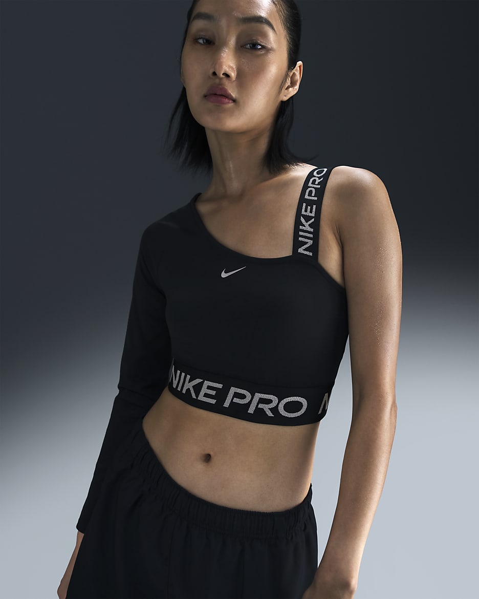 Nike Pro Shine 女款 Dri-FIT 不對稱短版上衣 - 黑色