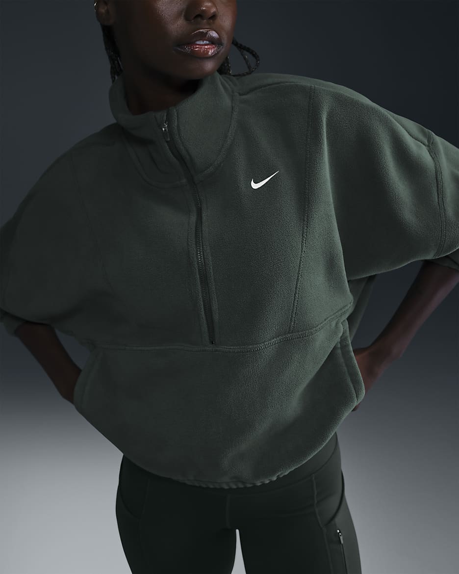 Nike One Therma-FIT Oversize-Oberteil aus Fleece mit Halbreißverschluss (Damen) - Vintage Green/Weiß