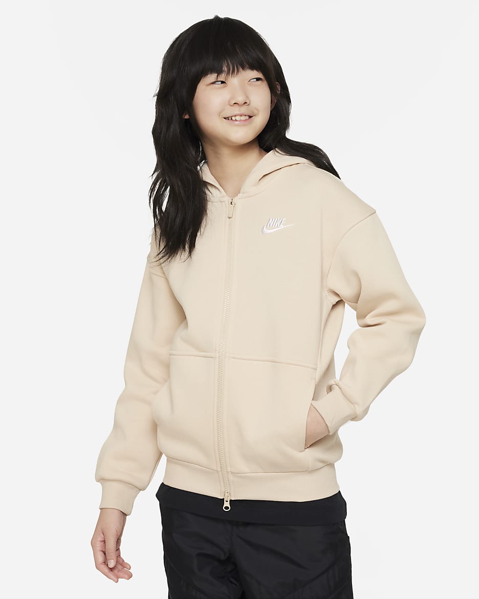 Nike Sportswear Club Fleece Older Kids' Oversized Full-Zip Hoodie - Sand Drift/White