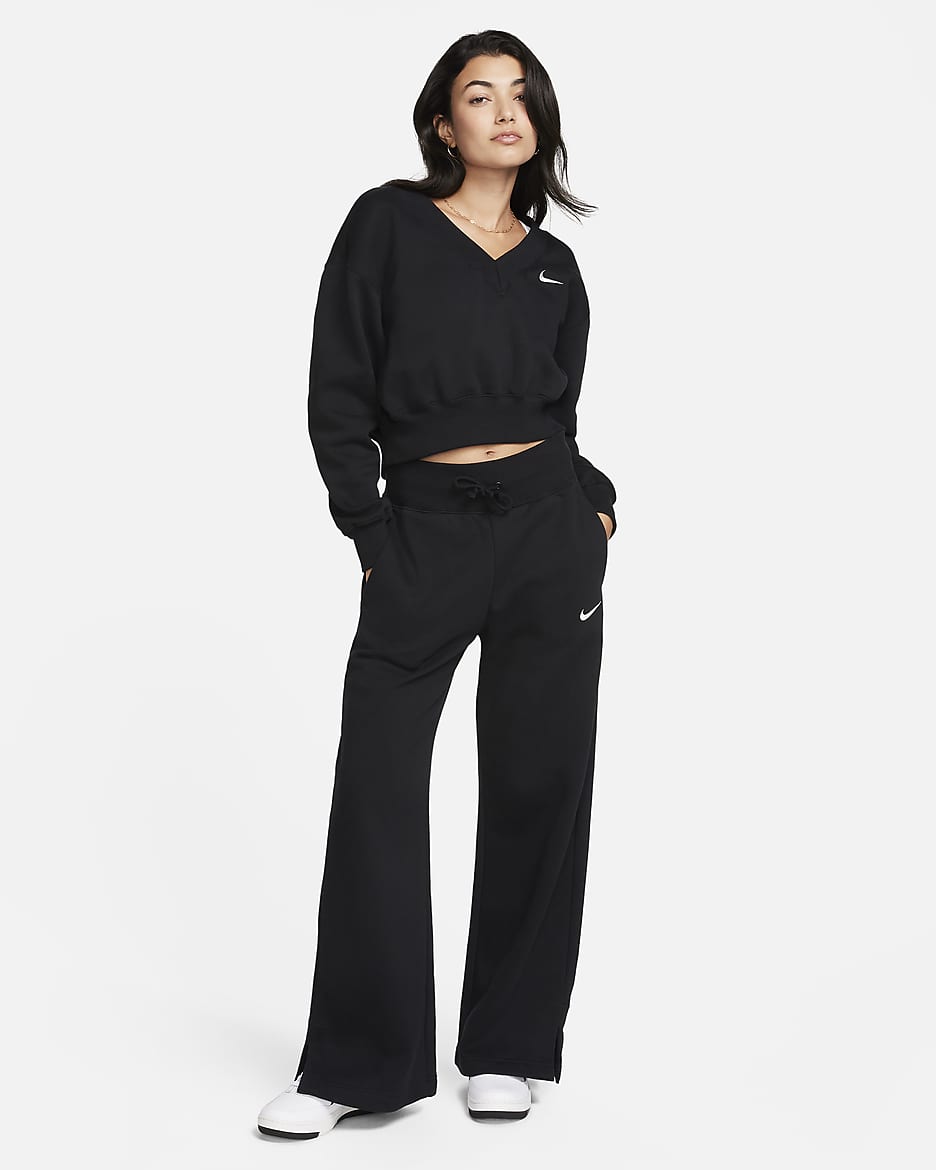 Haut court à col en V Nike Sportswear Phoenix Fleece pour femme - Noir/Sail