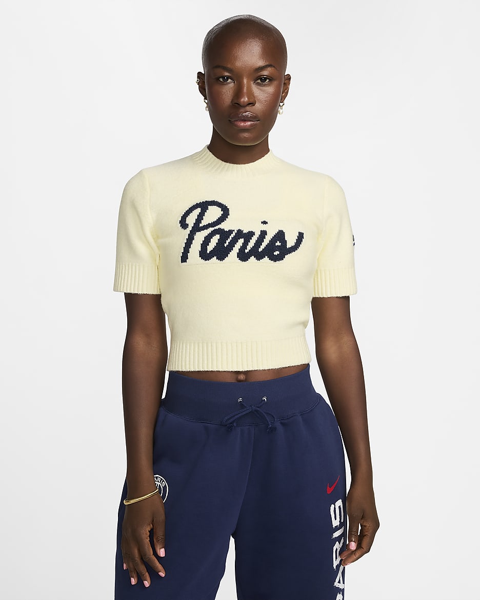 Haut à manches courtes en maille Nike Football Paris Saint-Germain Sport Essentials pour femme - Alabaster/Midnight Navy