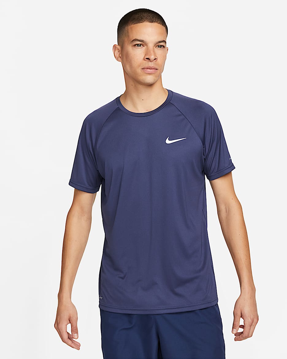 Camiseta Hydroguard de natación de manga corta para hombre Nike Essential - Azul marino medianoche/Blanco