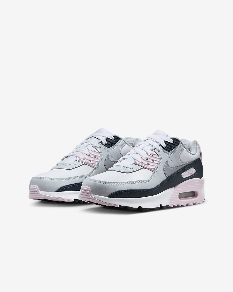 Tenis para niños grandes Nike Air Max 90 - Blanco/Espuma rosa/Azul marino militar/Gris lobo