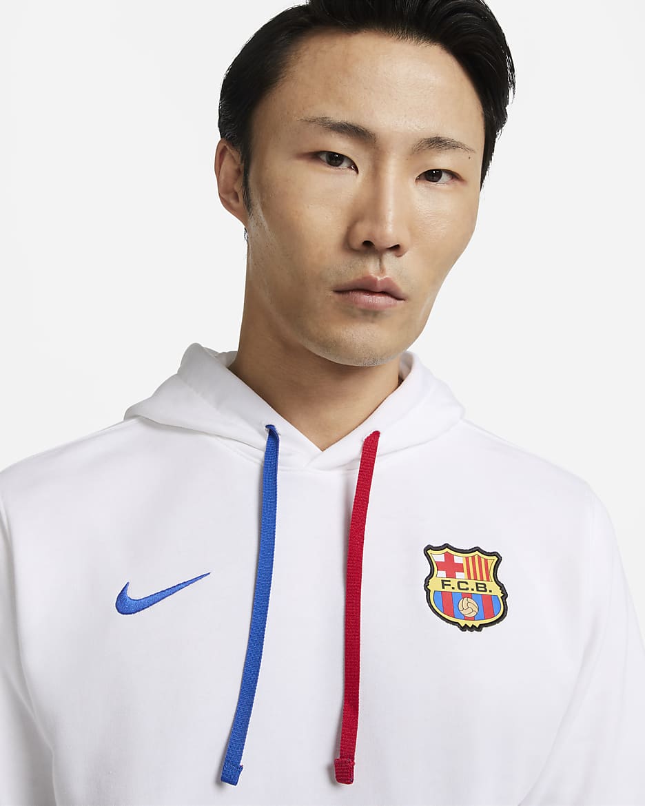 FC Barcelona Club Men's Nike Soccer French Terry Pullover Hoodie - White/Royal Blue/University Red/Royal Blue