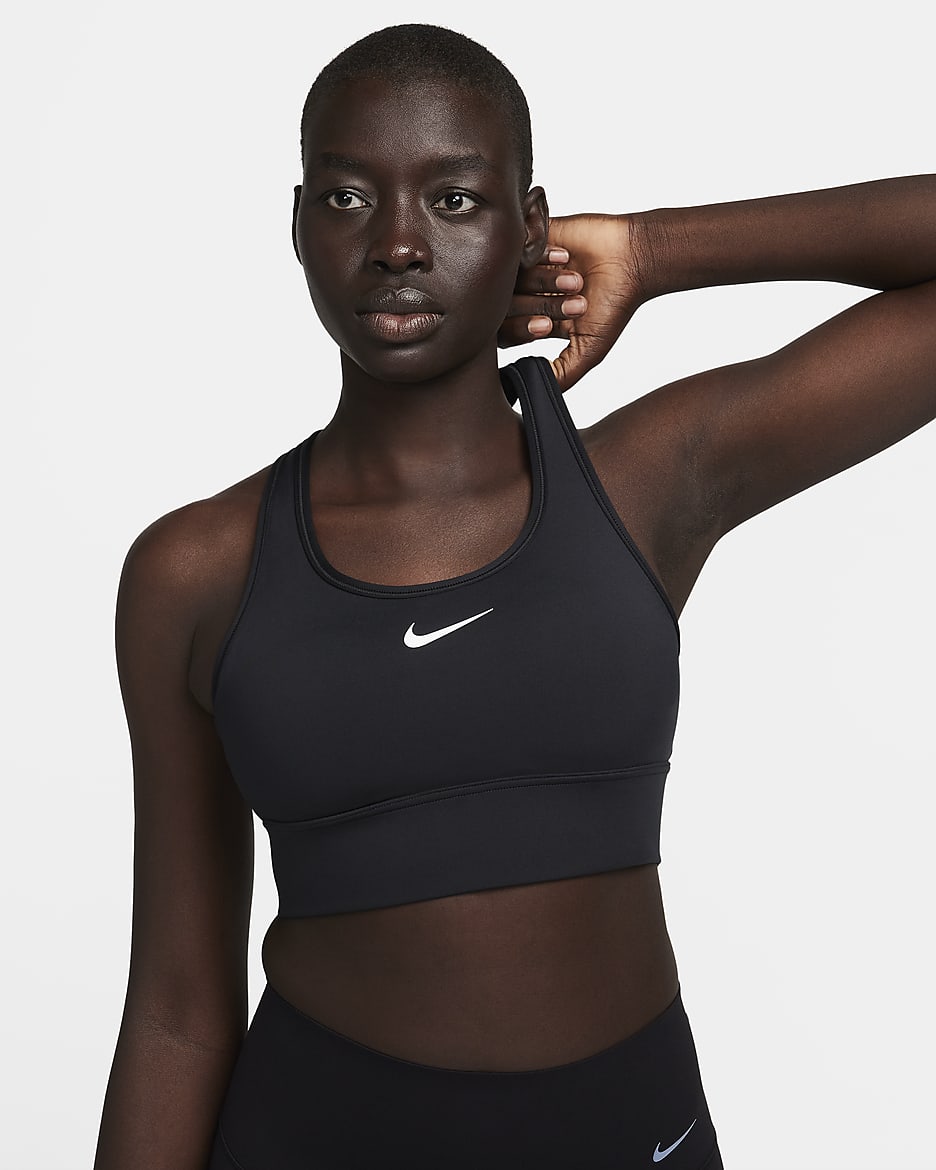 Bra deportivo de línea larga con almohadilla para mujer Nike Swoosh Medium Support - Negro/Negro/Blanco