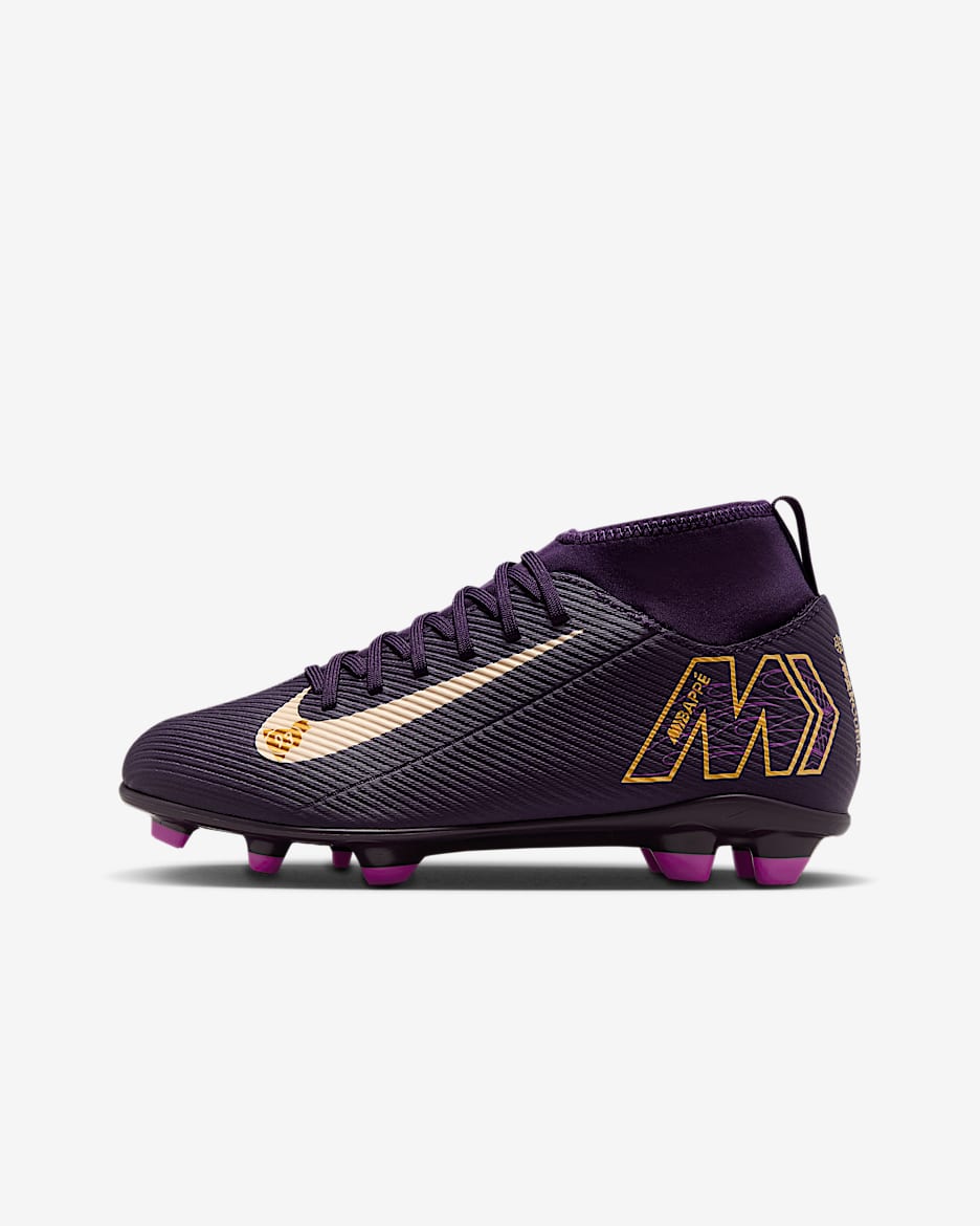Tacos de fútbol MG high para niños talla pequeña/grande Nike Jr. Mercurial Superfly 10 Club "Kylian Mbappé" - Morado grandioso/Marfil pálido