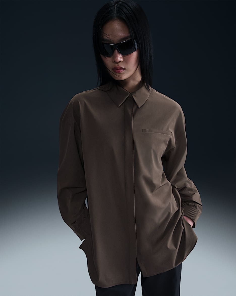 Nike 24.7 PerfectStretch Women's Dri-FIT Oversized Long-Sleeve Shirt - Ironstone/Baroque Brown