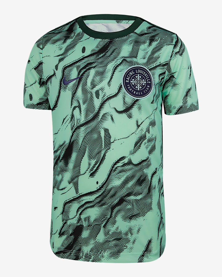 Playera de manga corta Nike de la NWSL para antes del partido para niños talla grande Racing Louisville FC 2025 - Bosque nocturno/Espuma menta