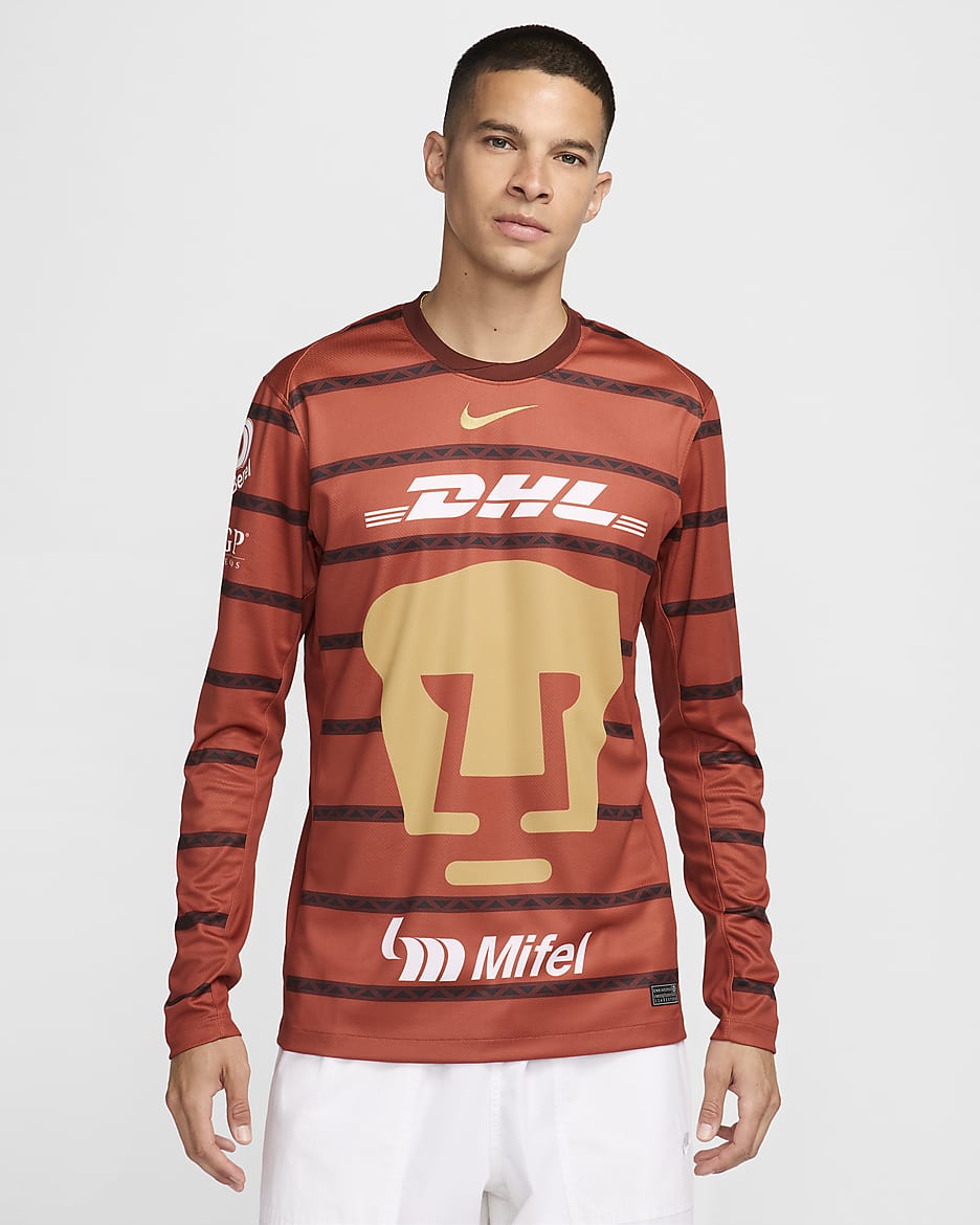 Jersey de fútbol Nike Dri-FIT Replica para hombre Pumas UNAM 2024 Stadium portero - Naranja leña/Marrón buey/Marrón terciopelo/Oro genuino