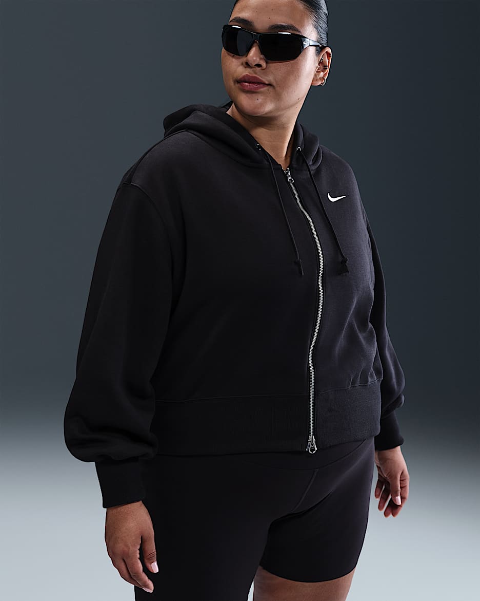 Nike Sportswear Phoenix Fleece Women's Loose Cropped Full-Zip Hoodie (Plus Size) - Black/Sail