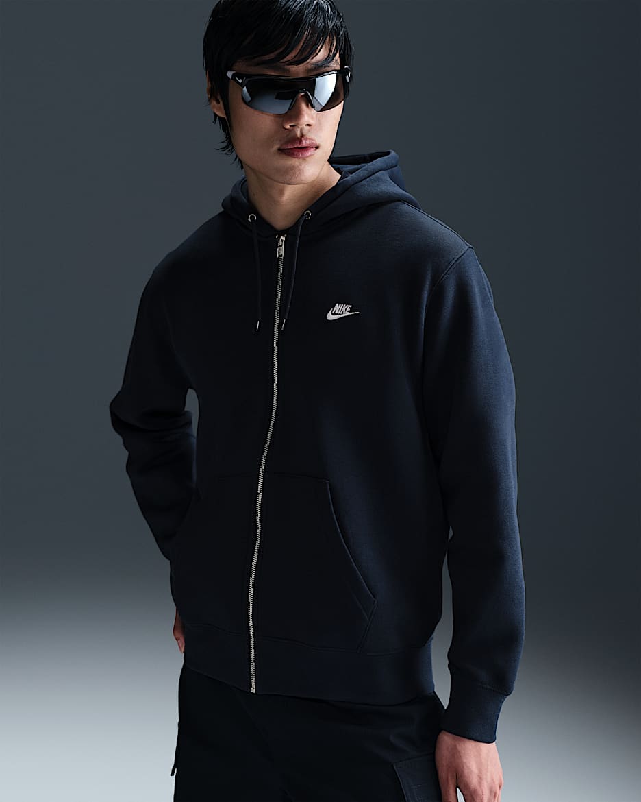 Nike Club Fleece-Hoodie mit durchgehendem Reißverschluss (Herren) - Obsidian/Obsidian/Weiß