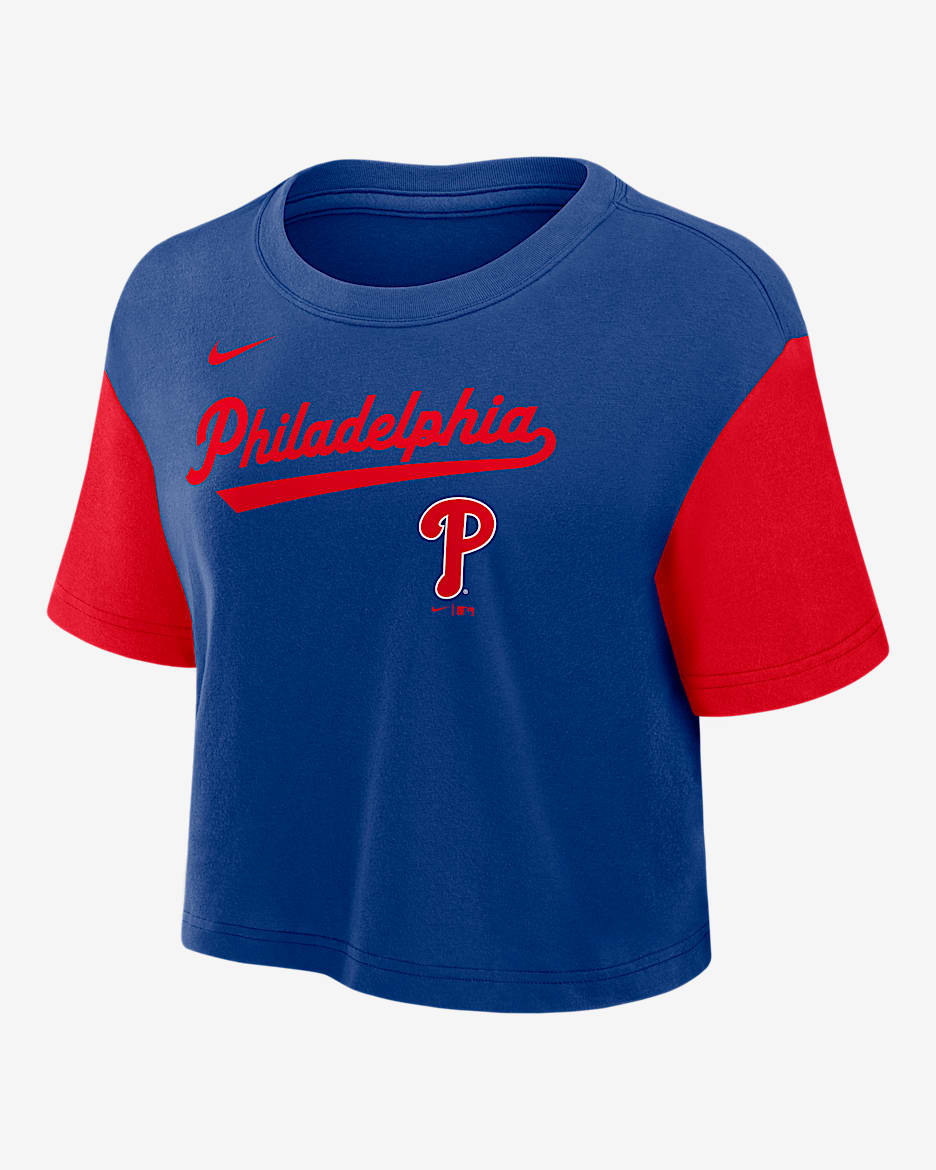 Playera Nike Dri-FIT cropped de la MLB para mujer Philadelphia Phillies Script - Azul marino