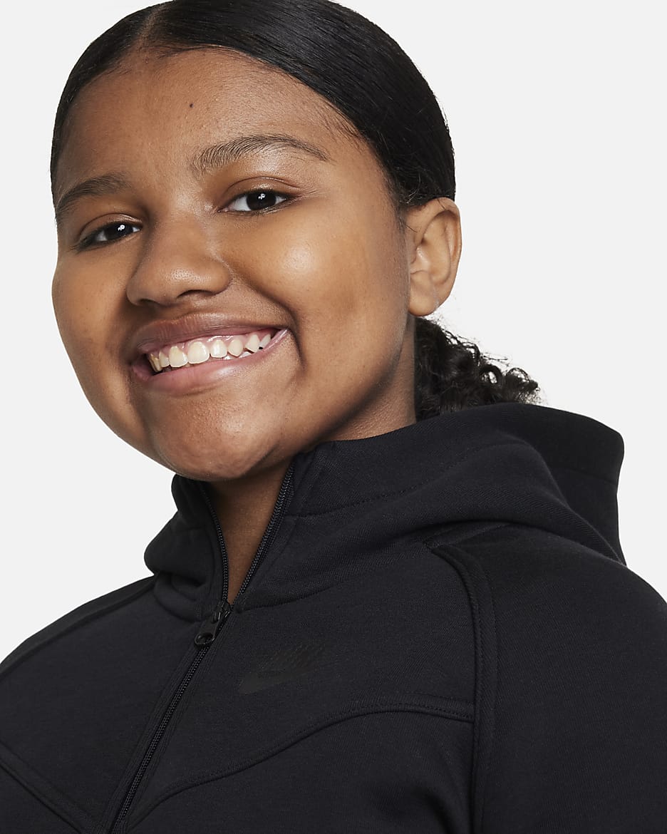 Nike Sportswear Tech Fleece Hoodie mit durchgehendem Reißverschluss für ältere Kinder (Mädchen) (erweiterte Größe) - Schwarz/Schwarz/Schwarz