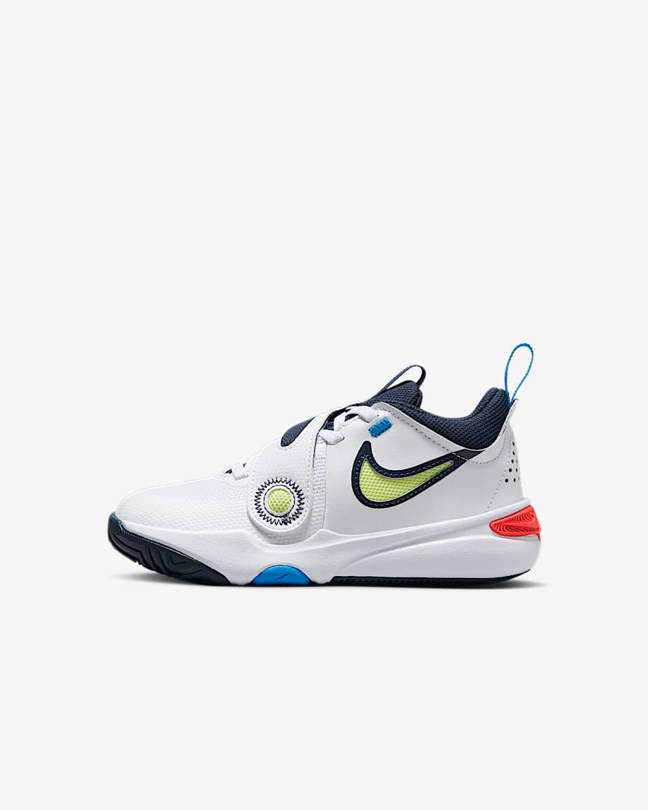 Nike Team Hustle D 11 Younger Kids' Shoes - White/Bright Crimson/Photo Blue/Light Lemon Twist