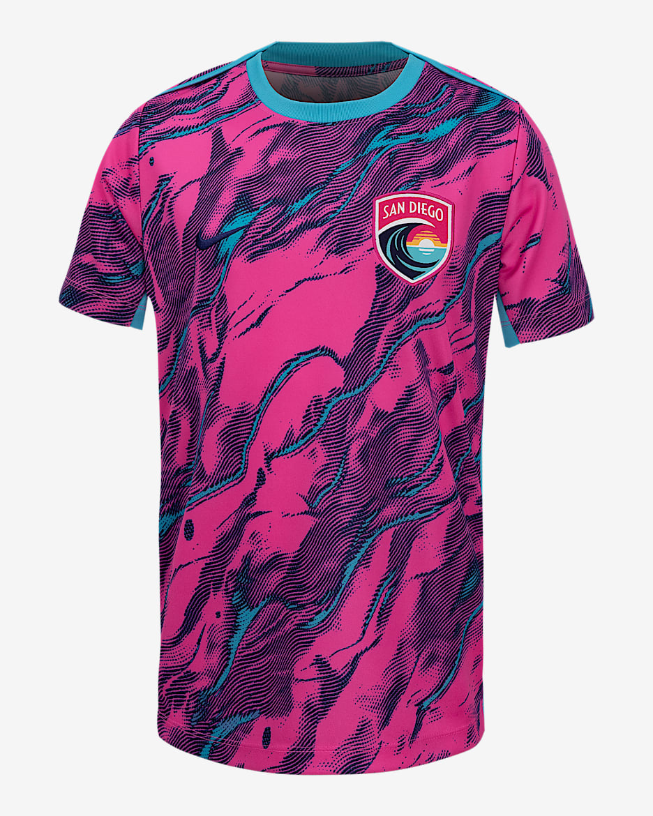 Playera de manga corta Nike de la NWSL para antes del partido para niños talla grande San Diego Wave FC 2025 - Azul cloro/Rosa láser